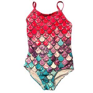 Honisen girl's 1 piece mermaid scale multicolor swimsuit adjustable straps sz 4